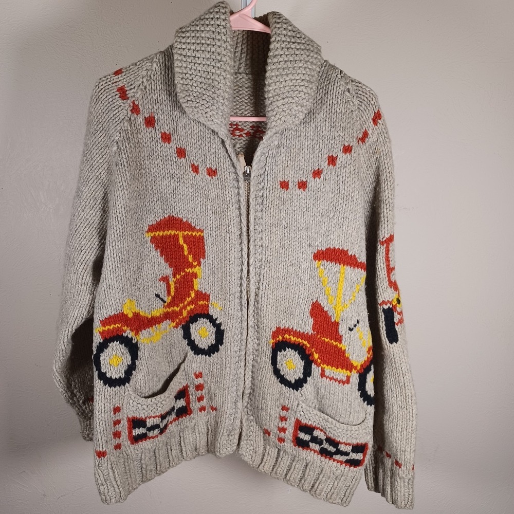 Vintage Handmade Cowichan Mid Century Woven Wool Sweater Shawl Zip Cars‎ Racing